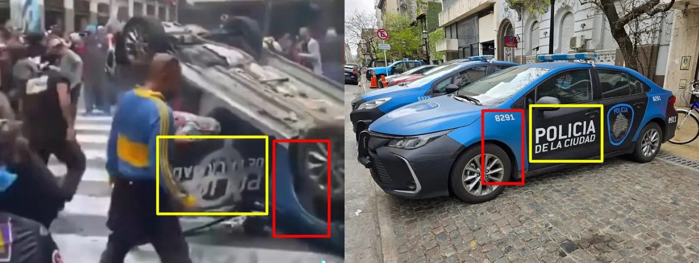 صورة مقارنة لسيارات الشرطة الأرجنتينية (يمين)، مع السيارة الظاهرة في مقطع الادعاء (يسار)