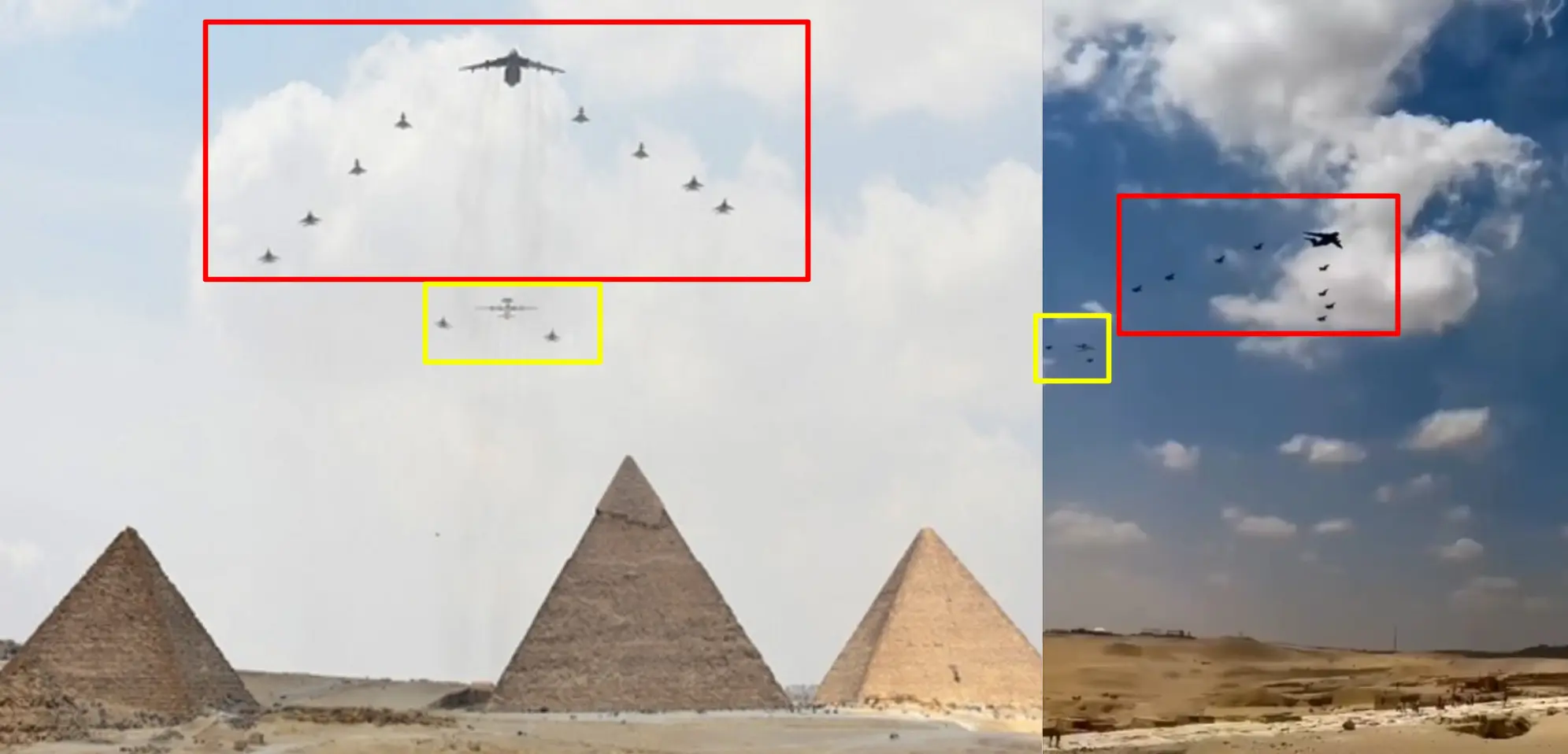 صورة مقارنة لقطة ثابتة من مقطع الادعاء (يمين)، مع صورة من تقرير الهيئة العامة للاستعلامات المصرية (يسار) - التدريبات المشتركة