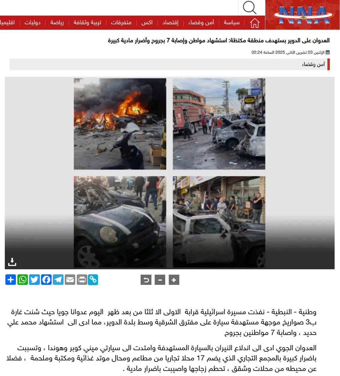لقطة شاشة من الخبر من الوكالة الوطنية للأنباء - النبطية
