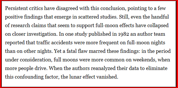 When the authors reanalyzed their data to eliminate this confounding factor, the lunar effect vanished.