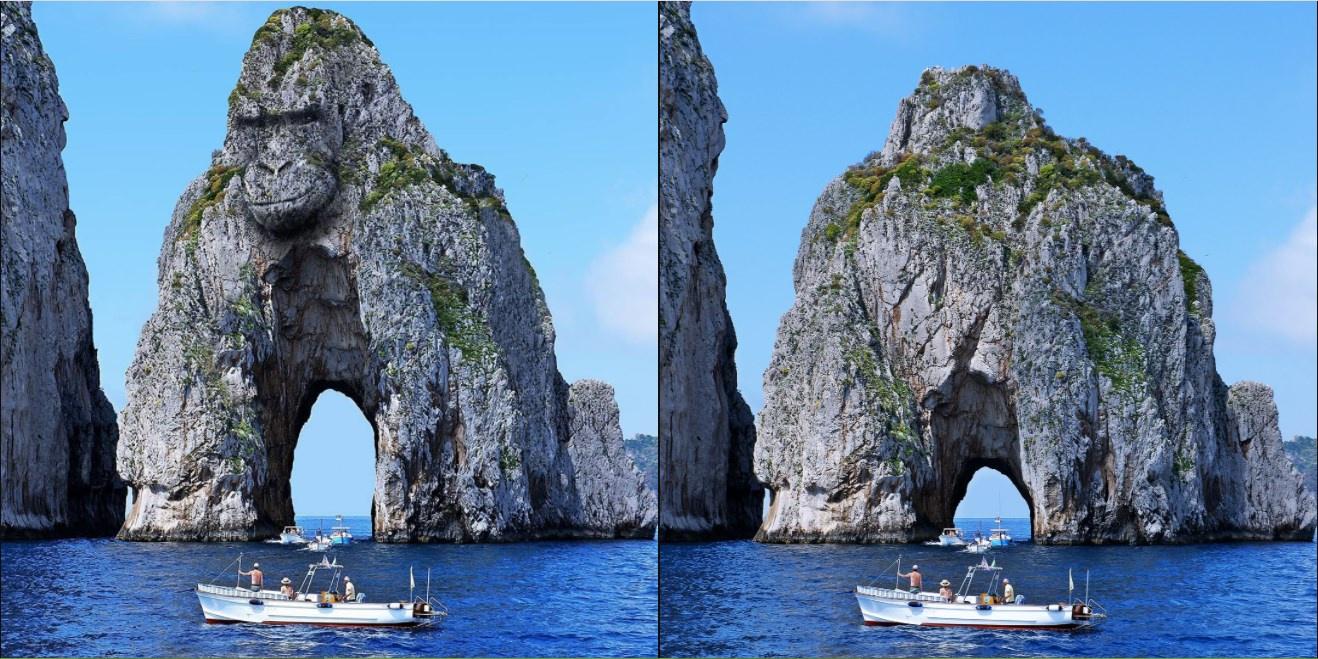 صورة لمقارنة بين الصورة الحقيقية لصخرة جزيرة Capri (اليمين) والعمل الفني "صخرة الغوريلا" المشابهة لها (اليسار).