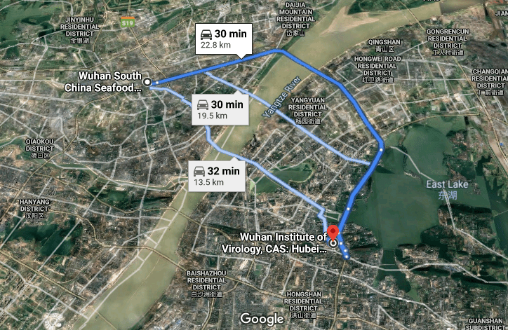 صورة شاشة من خرائط غوغل تظهر قرب المسافة بين سوق هوانان للمأكولات البحرية ومعهد ووهان لعلوم الفيروسات.