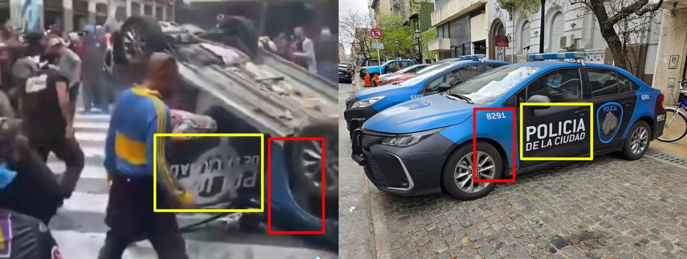 صورة مقارنة لسيارات الشرطة الأرجنتينية (يمين)، مع السيارة الظاهرة في مقطع الادعاء (يسار)