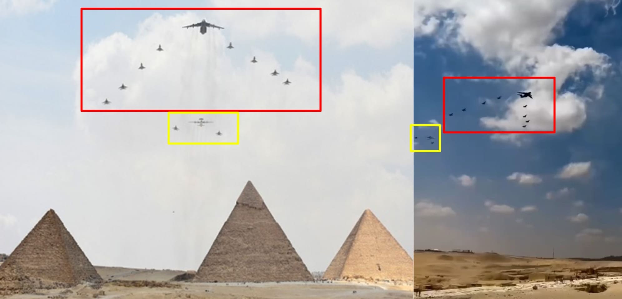صورة مقارنة لقطة ثابتة من مقطع الادعاء (يمين)، مع صورة من تقرير الهيئة العامة للاستعلامات المصرية (يسار) - التدريبات المشتركة 