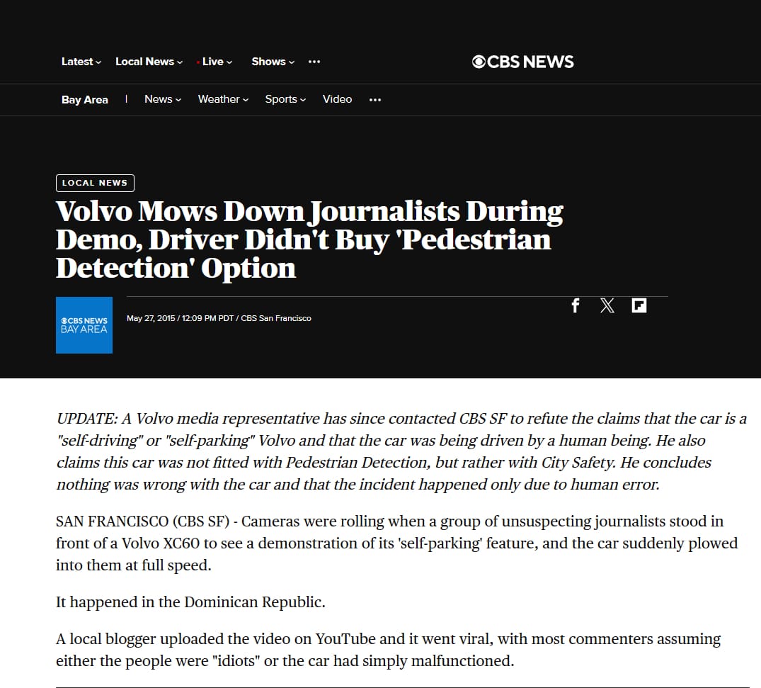 لقطة شاشة للخبر من منصة CBS - فولفو