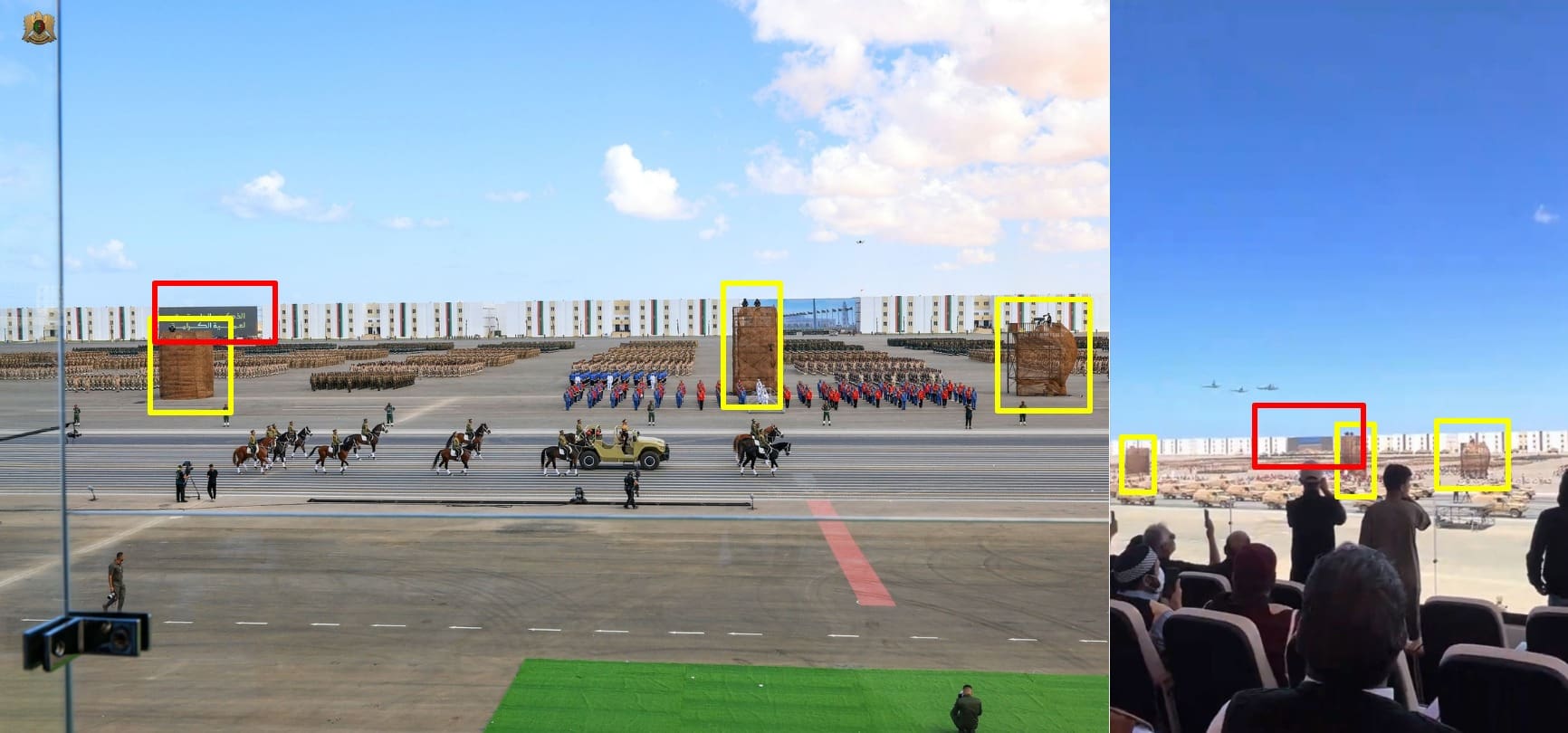 صورة لمطابقة لقطة ثابتة من مقطع الادعاء (يمين)، مع الصورة التي تشرتها القيادة العامة للقوات المسلحة الليبية (يسار) - حفتر