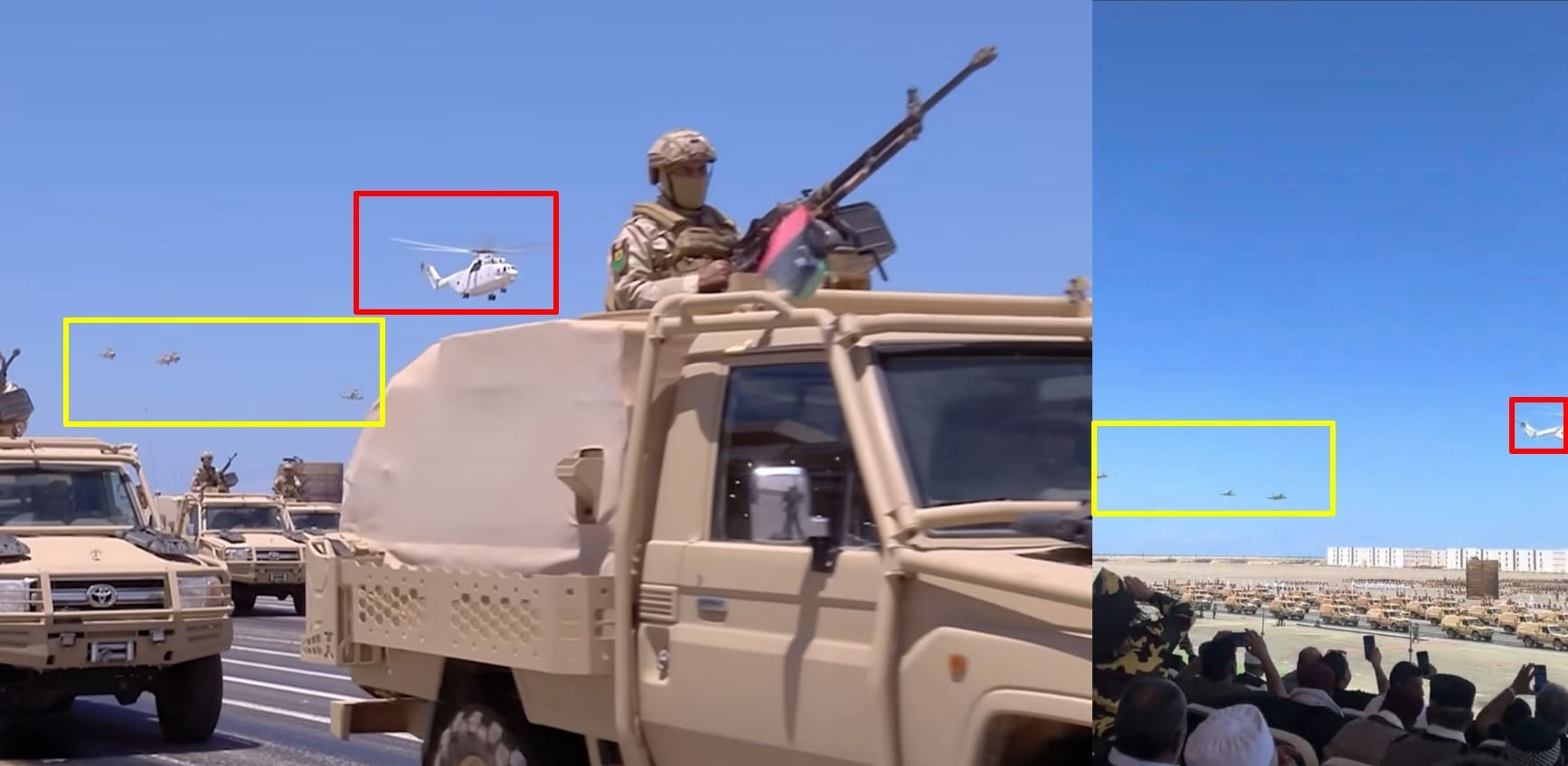 صورة لمطابقة لقطة ثابتة من مقطع الادعاء (يمين)، مع المقطع الذي نشرته القيادة العامة للقوات المسلحة الليبية (يسار) - حفتر